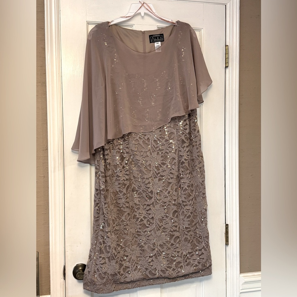 Alex Evenings Taupe Asymmetrical Sheath Dress with Flutter Sleeves